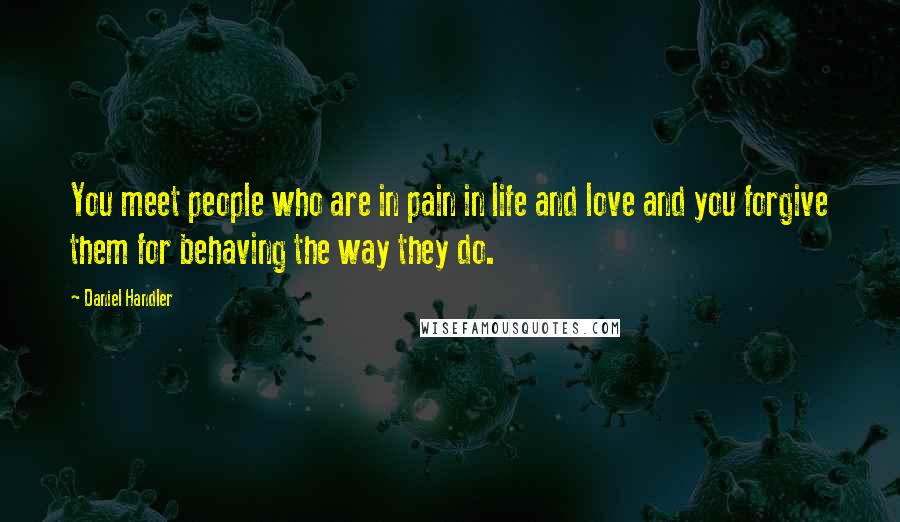 Daniel Handler quotes: You meet people who are in pain in life and love and you forgive them for behaving the way they do.