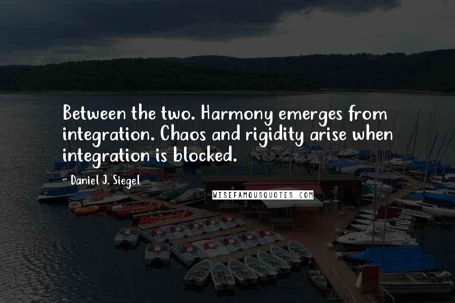 Daniel J. Siegel quotes: Between the two. Harmony emerges from integration. Chaos and rigidity arise when integration is blocked.