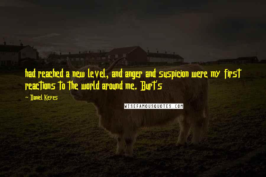 Daniel Keyes quotes: had reached a new level, and anger and suspicion were my first reactions to the world around me. Burt's Daniel Keyes quotes: had reached a new level, and anger and suspicion were my first reactions to the world around me. Burt's
