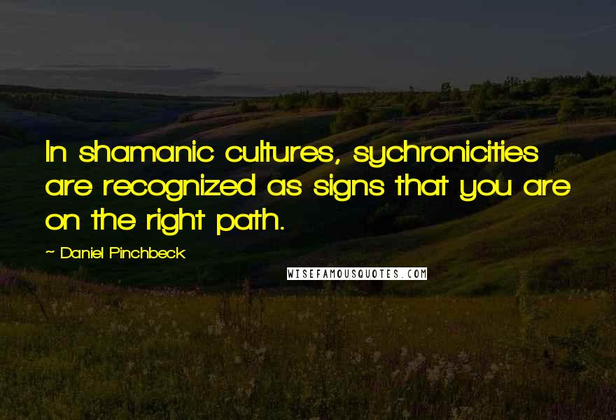 Daniel Pinchbeck quotes: In shamanic cultures, sychronicities are recognized as signs that you are on the right path.