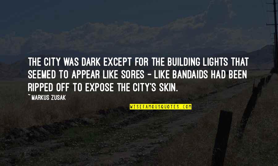 Dark Skin Quotes By Markus Zusak: The city was dark except for the building