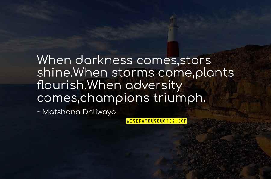 Darkness And Stars Quotes By Matshona Dhliwayo: When darkness comes,stars shine.When storms come,plants flourish.When adversity