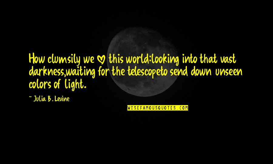 Darkness Into The Light Quotes By Julia B. Levine: How clumsily we love this world:looking into that