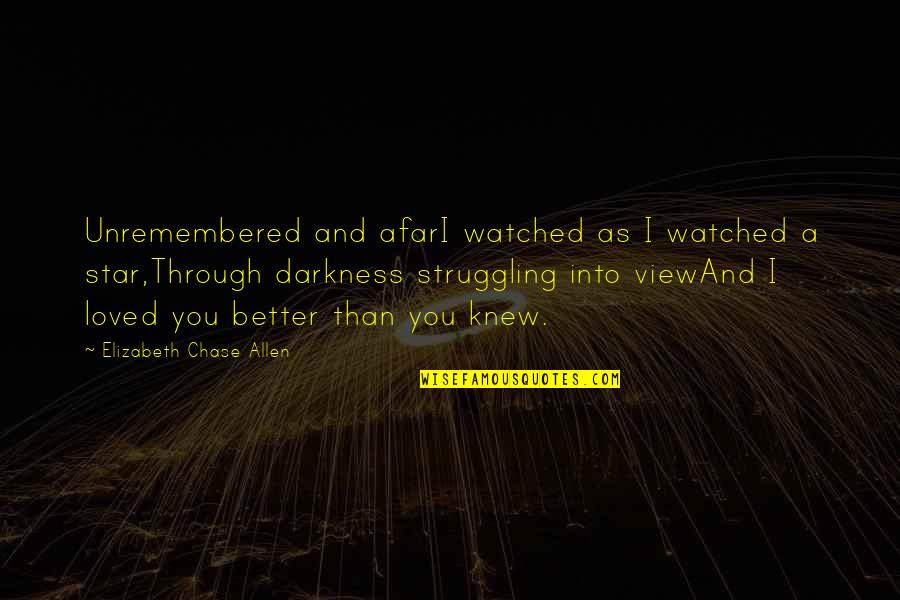 Darkness Quotes By Elizabeth Chase Allen: Unremembered and afarI watched as I watched a
