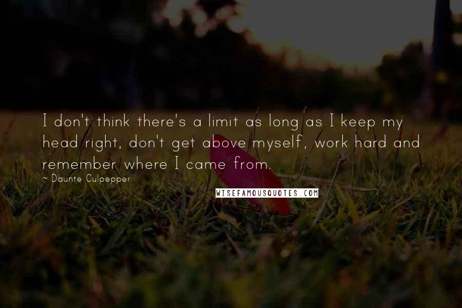Daunte Culpepper quotes: I don't think there's a limit as long as I keep my head right, don't get above myself, work hard and remember where I came from. Daunte Culpepper quotes: I don't think there's a limit as long as I keep my head right, don't get above myself, work hard and remember where I came from.