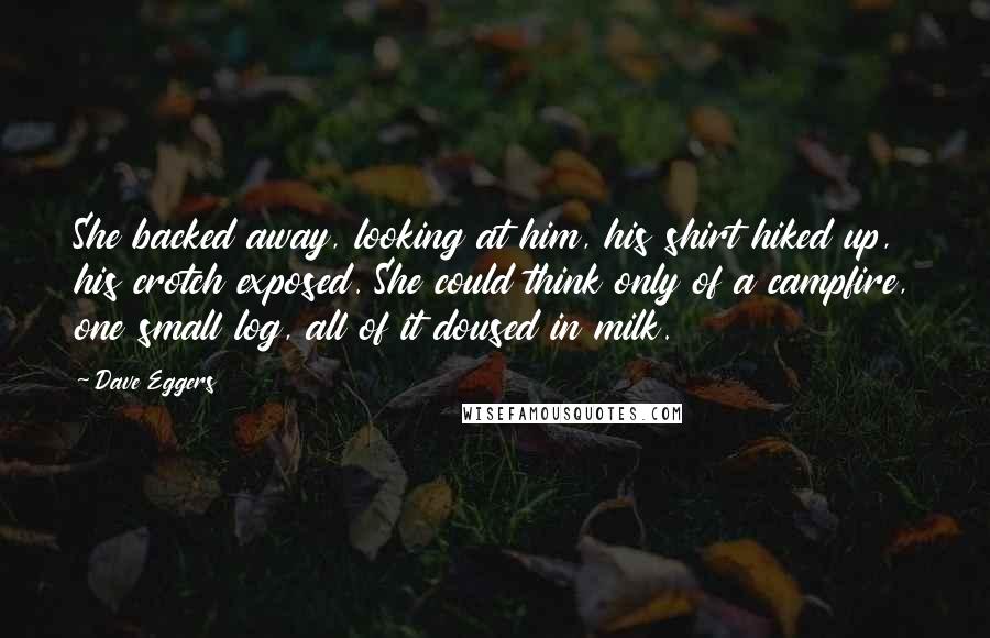 Dave Eggers quotes: She backed away, looking at him, his shirt hiked up, his crotch exposed. She could think only of a campfire, one small log, all of it doused in milk. Dave Eggers quotes: She backed away, looking at him, his shirt hiked up, his crotch exposed. She could think only of a campfire, one small log, all of it doused in milk.
