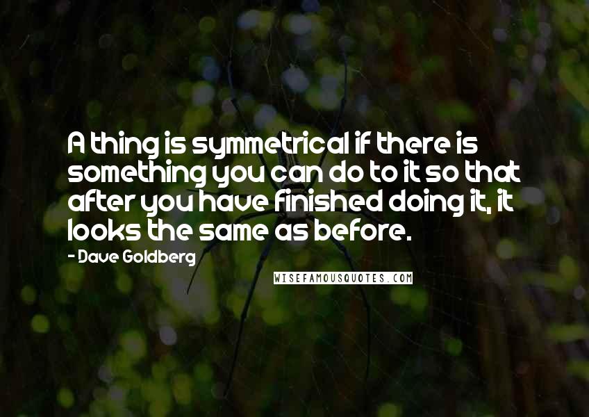 Dave Goldberg quotes: A thing is symmetrical if there is something you can do to it so that after you have finished doing it, it looks the same as before. Dave Goldberg quotes: A thing is symmetrical if there is something you can do to it so that after you have finished doing it, it looks the same as before.
