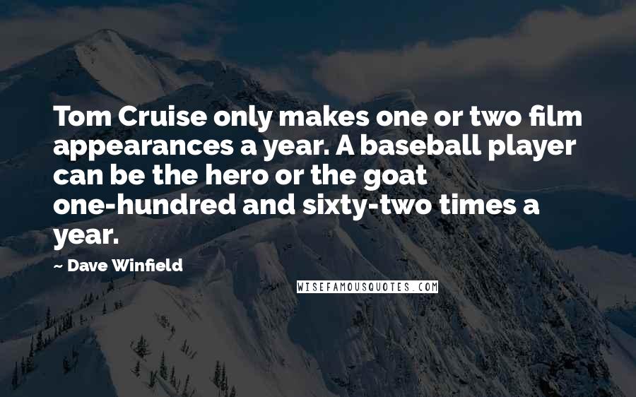 Dave Winfield quotes: Tom Cruise only makes one or two film appearances a year. A baseball player can be the hero or the goat one-hundred and sixty-two times a year.