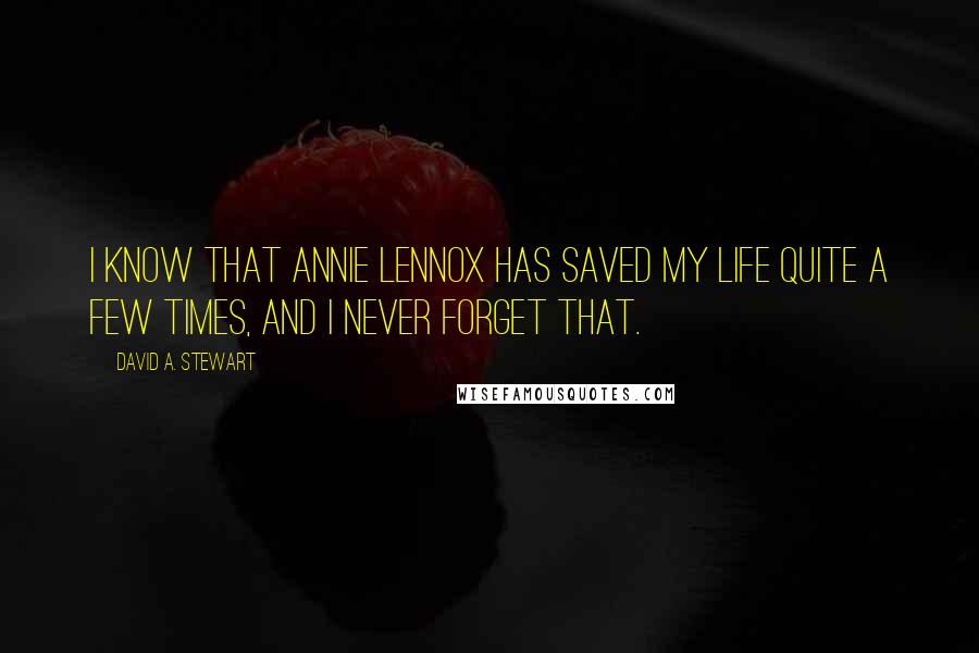 David A. Stewart quotes: I know that Annie Lennox has saved my life quite a few times, and I never forget that.