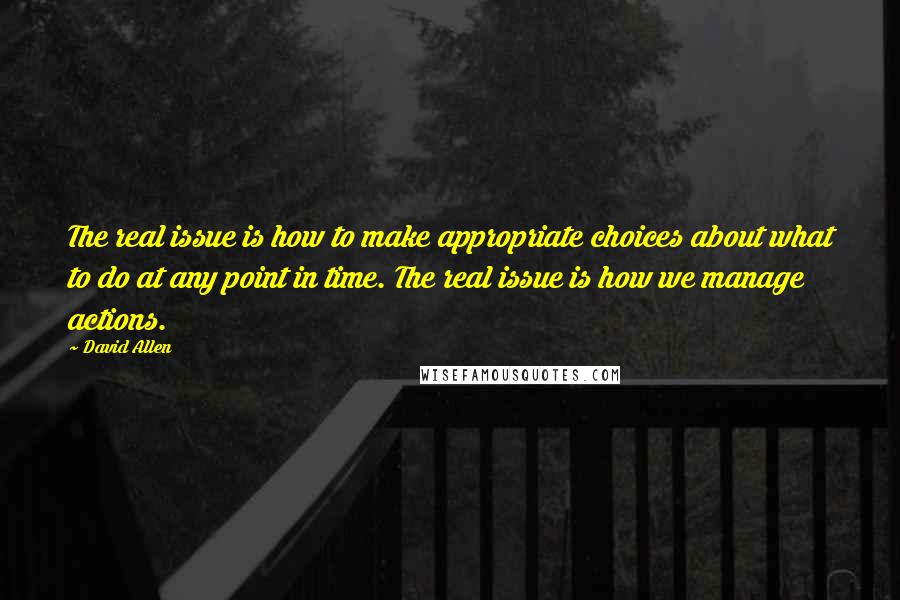 David Allen quotes: The real issue is how to make appropriate choices about what to do at any point in time. The real issue is how we manage actions.