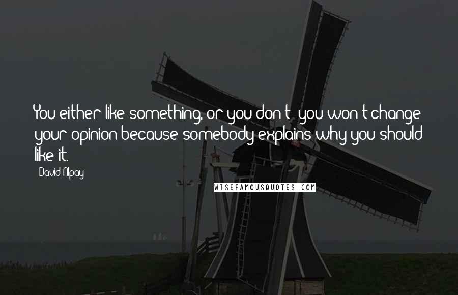 David Alpay quotes: You either like something, or you don't; you won't change your opinion because somebody explains why you should like it.