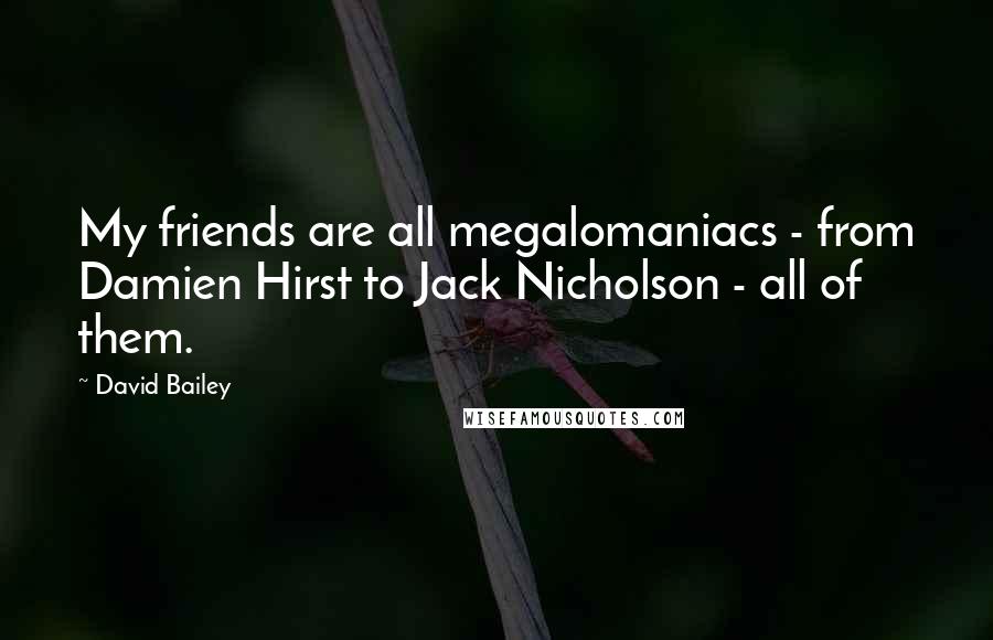 David Bailey quotes: My friends are all megalomaniacs - from Damien Hirst to Jack Nicholson - all of them.