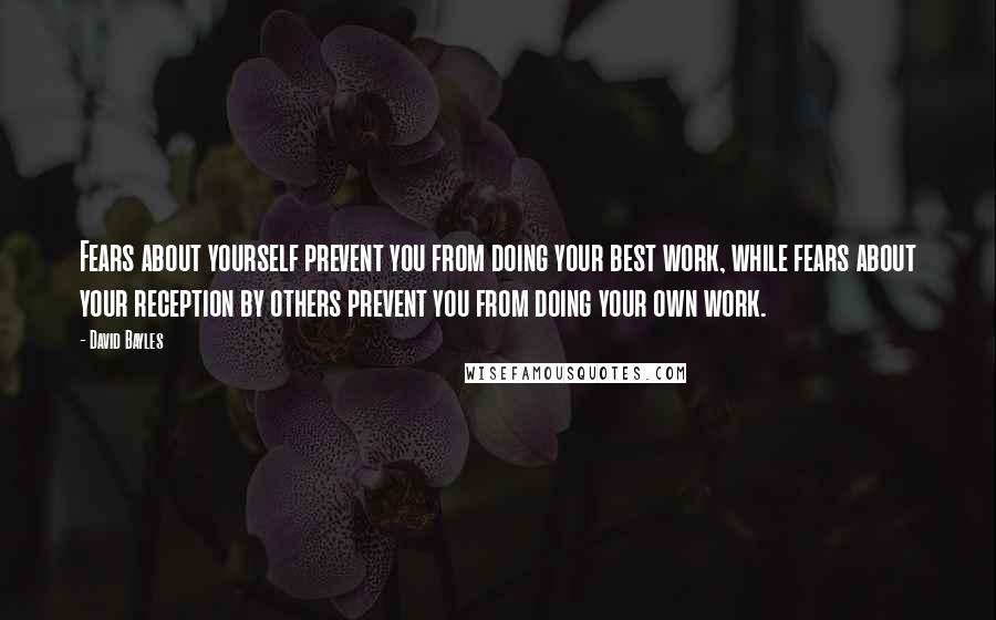 David Bayles quotes: Fears about yourself prevent you from doing your best work, while fears about your reception by others prevent you from doing your own work.