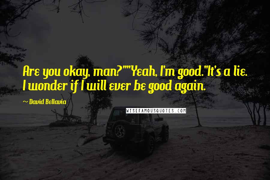 David Bellavia quotes: Are you okay, man?""Yeah, I'm good."It's a lie. I wonder if I will ever be good again. David Bellavia quotes: Are you okay, man?""Yeah, I'm good."It's a lie. I wonder if I will ever be good again.
