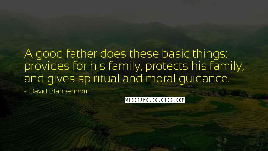David Blankenhorn quotes: A good father does these basic things: provides for his family, protects his family, and gives spiritual and moral guidance.