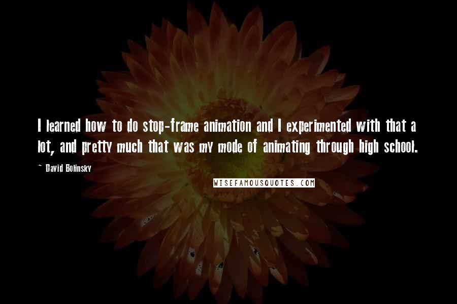 David Bolinsky quotes: I learned how to do stop-frame animation and I experimented with that a lot, and pretty much that was my mode of animating through high school.