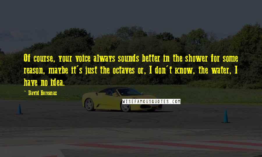 David Boreanaz quotes: Of course, your voice always sounds better in the shower for some reason, maybe it's just the octaves or, I don't know, the water, I have no idea. David Boreanaz quotes: Of course, your voice always sounds better in the shower for some reason, maybe it's just the octaves or, I don't know, the water, I have no idea.