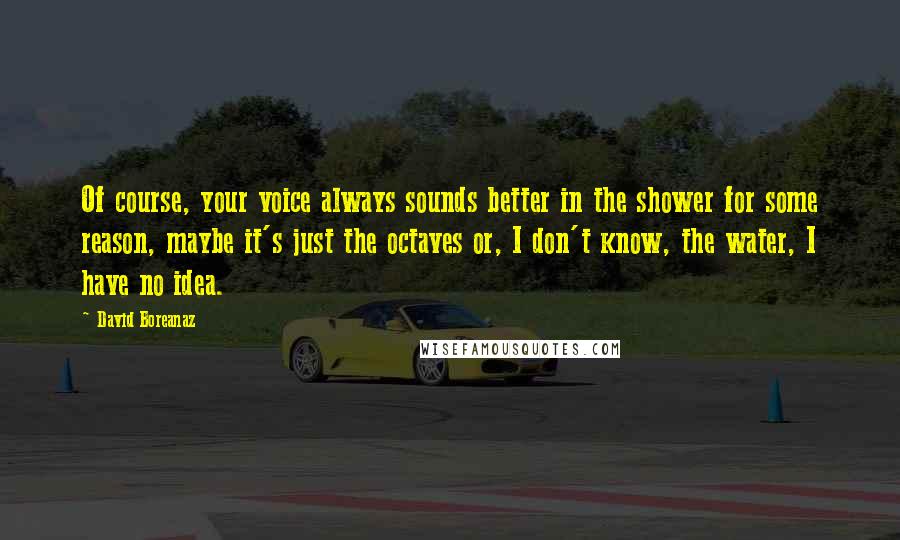 David Boreanaz quotes: Of course, your voice always sounds better in the shower for some reason, maybe it's just the octaves or, I don't know, the water, I have no idea.