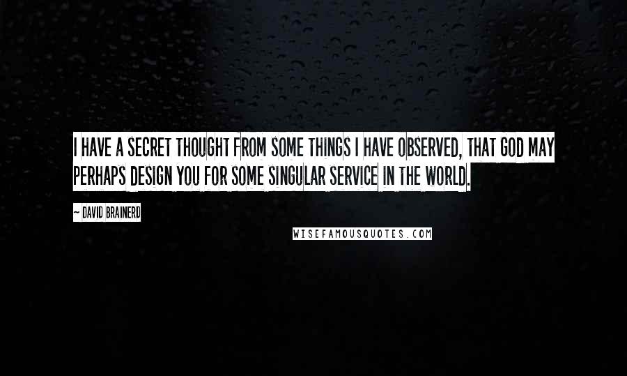 David Brainerd quotes: I have a secret thought from some things I have observed, that God may perhaps design you for some singular service in the world.