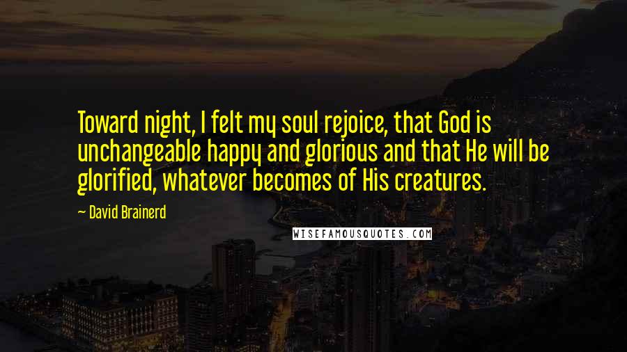 David Brainerd quotes: Toward night, I felt my soul rejoice, that God is unchangeable happy and glorious and that He will be glorified, whatever becomes of His creatures.