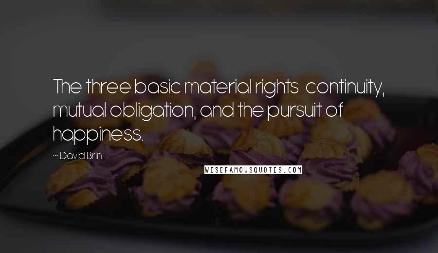 David Brin quotes: The three basic material rights continuity, mutual obligation, and the pursuit of happiness.