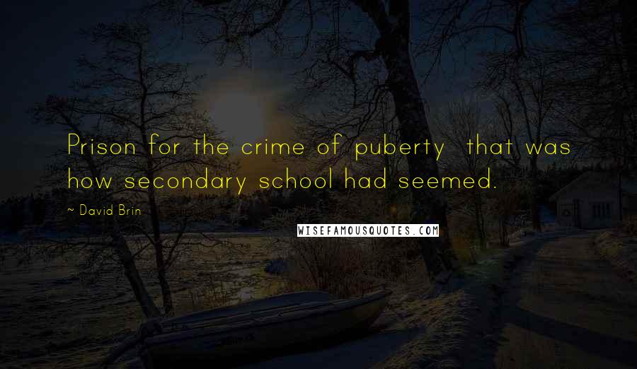 David Brin quotes: Prison for the crime of puberty that was how secondary school had seemed.