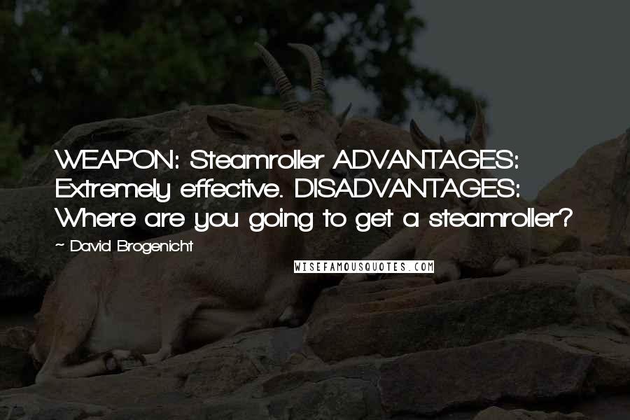 David Brogenicht quotes: WEAPON: Steamroller ADVANTAGES: Extremely effective. DISADVANTAGES: Where are you going to get a steamroller?