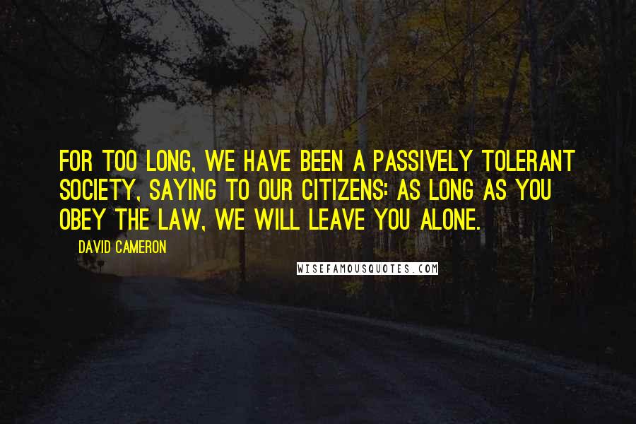 David Cameron quotes: For too long, we have been a passively tolerant society, saying to our citizens: as long as you obey the law, we will leave you alone.