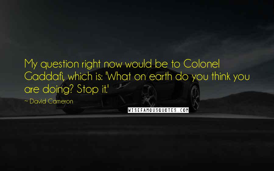 David Cameron quotes: My question right now would be to Colonel Gaddafi, which is: 'What on earth do you think you are doing? Stop it.'