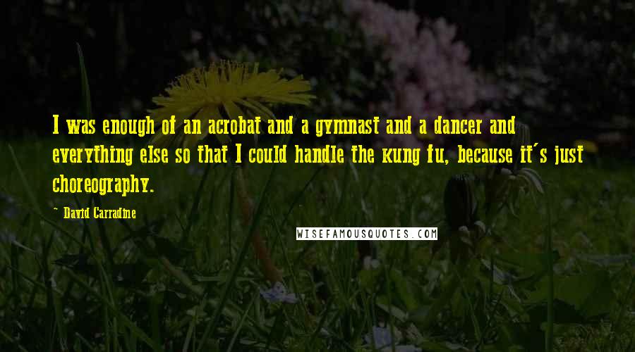 David Carradine quotes: I was enough of an acrobat and a gymnast and a dancer and everything else so that I could handle the kung fu, because it's just choreography. David Carradine quotes: I was enough of an acrobat and a gymnast and a dancer and everything else so that I could handle the kung fu, because it's just choreography.