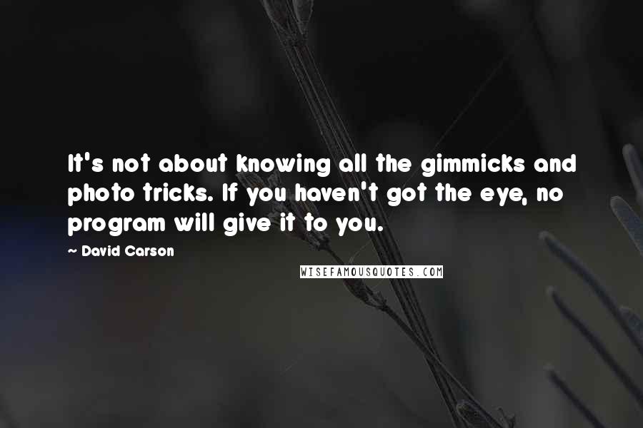 David Carson quotes: It's not about knowing all the gimmicks and photo tricks. If you haven't got the eye, no program will give it to you.