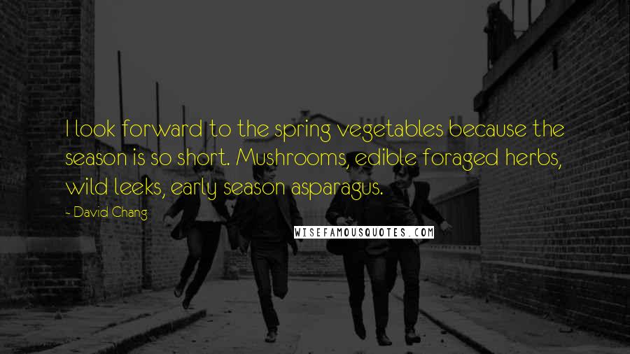 David Chang quotes: I look forward to the spring vegetables because the season is so short. Mushrooms, edible foraged herbs, wild leeks, early season asparagus. David Chang quotes: I look forward to the spring vegetables because the season is so short. Mushrooms, edible foraged herbs, wild leeks, early season asparagus.