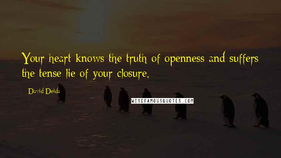 David Deida quotes: Your heart knows the truth of openness and suffers the tense lie of your closure.