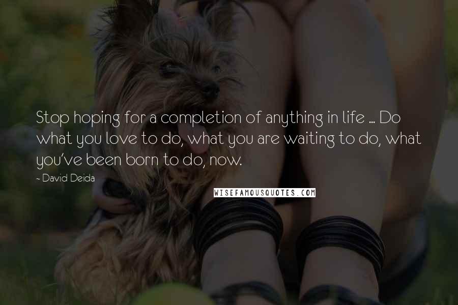 David Deida quotes: Stop hoping for a completion of anything in life ... Do what you love to do, what you are waiting to do, what you've been born to do, now.