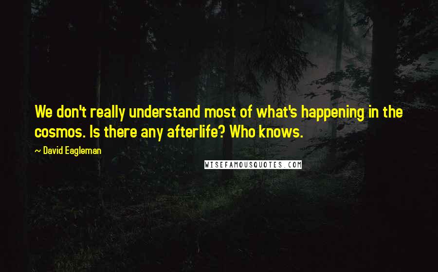 David Eagleman quotes: We don't really understand most of what's happening in the cosmos. Is there any afterlife? Who knows. David Eagleman quotes: We don't really understand most of what's happening in the cosmos. Is there any afterlife? Who knows.