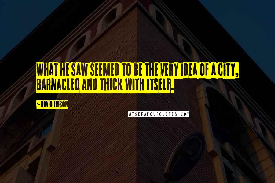 David Edison quotes: What he saw seemed to be the very idea of a city, barnacled and thick with itself.