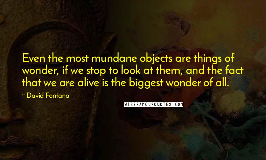 David Fontana quotes: Even the most mundane objects are things of wonder, if we stop to look at them, and the fact that we are alive is the biggest wonder of all.
