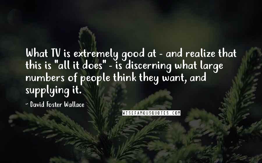 David Foster Wallace quotes: What TV is extremely good at - and realize that this is "all it does" - is discerning what large numbers of people think they want, and supplying it.