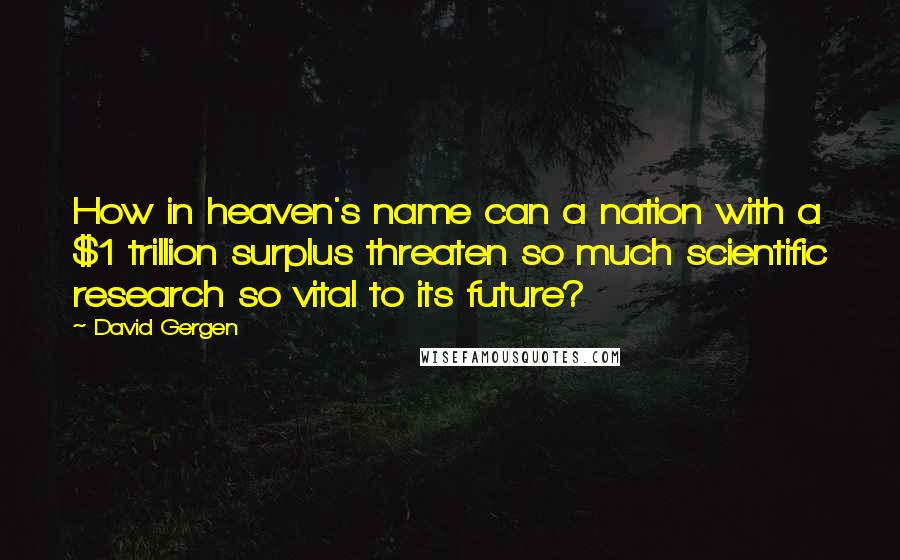 David Gergen quotes: How in heaven's name can a nation with a $1 trillion surplus threaten so much scientific research so vital to its future?