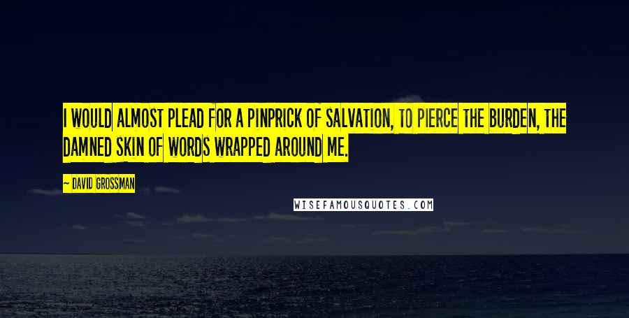 David Grossman quotes: I would almost plead for a pinprick of salvation, to pierce the burden, the damned skin of words wrapped around me.