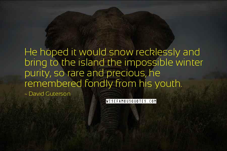 David Guterson quotes: He hoped it would snow recklessly and bring to the island the impossible winter purity, so rare and precious, he remembered fondly from his youth.