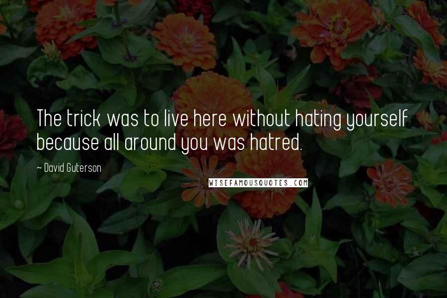 David Guterson quotes: The trick was to live here without hating yourself because all around you was hatred.