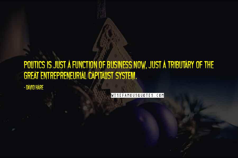 David Hare quotes: Politics is just a function of business now, just a tributary of the great entrepreneurial capitalist system. David Hare quotes: Politics is just a function of business now, just a tributary of the great entrepreneurial capitalist system.
