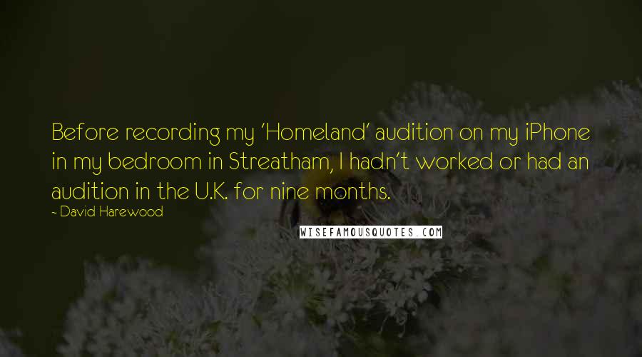 David Harewood quotes: Before recording my 'Homeland' audition on my iPhone in my bedroom in Streatham, I hadn't worked or had an audition in the U.K. for nine months.
