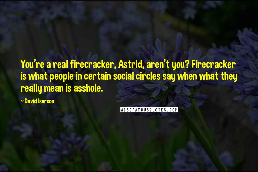 David Iserson quotes: You're a real firecracker, Astrid, aren't you? Firecracker is what people in certain social circles say when what they really mean is asshole.