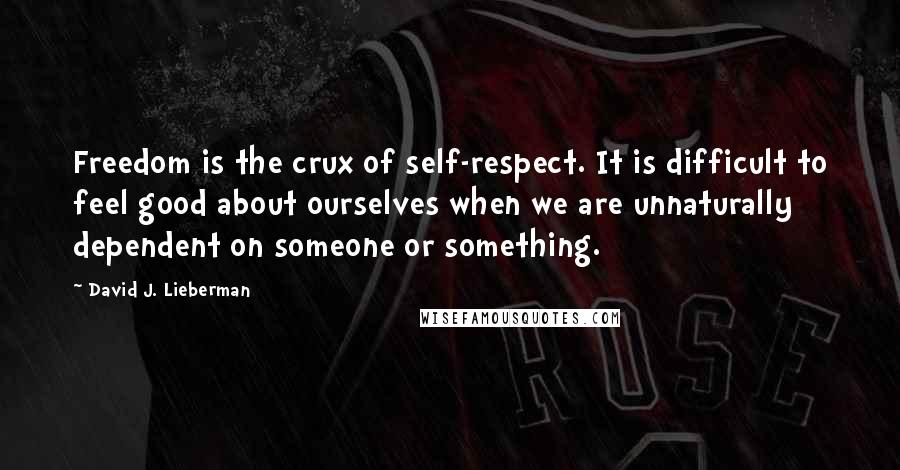 David J. Lieberman quotes: Freedom is the crux of self-respect. It is difficult to feel good about ourselves when we are unnaturally dependent on someone or something.