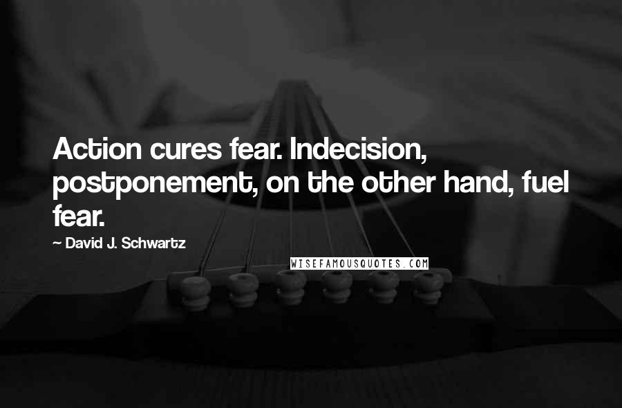 David J. Schwartz quotes: Action cures fear. Indecision, postponement, on the other hand, fuel fear.