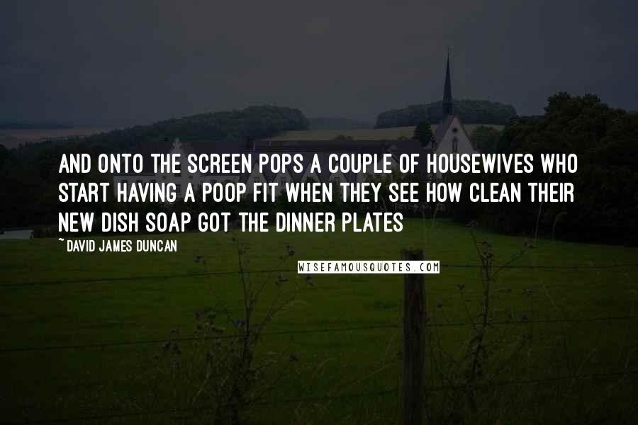 David James Duncan quotes: And onto the screen pops a couple of housewives who start having a poop fit when they see how clean their new dish soap got the dinner plates