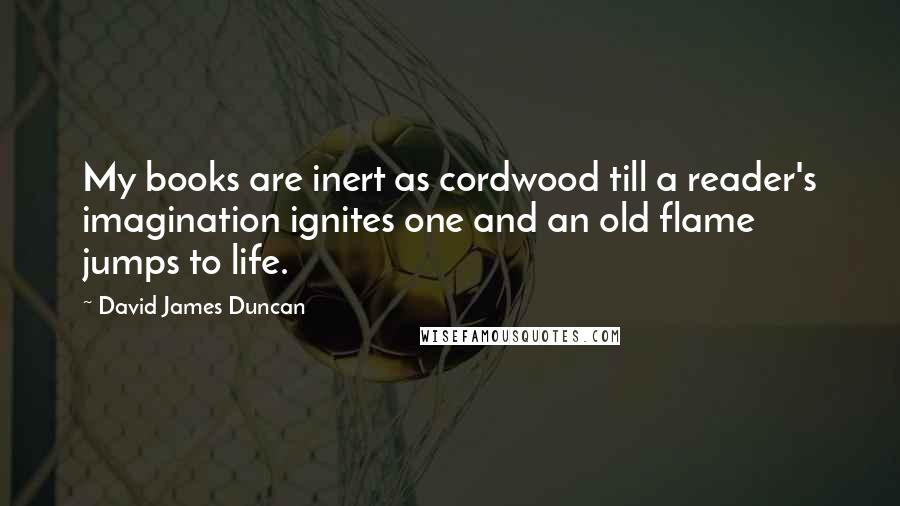 David James Duncan quotes: My books are inert as cordwood till a reader's imagination ignites one and an old flame jumps to life.