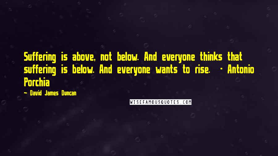 David James Duncan quotes: Suffering is above, not below. And everyone thinks that suffering is below. And everyone wants to rise. - Antonio Porchia